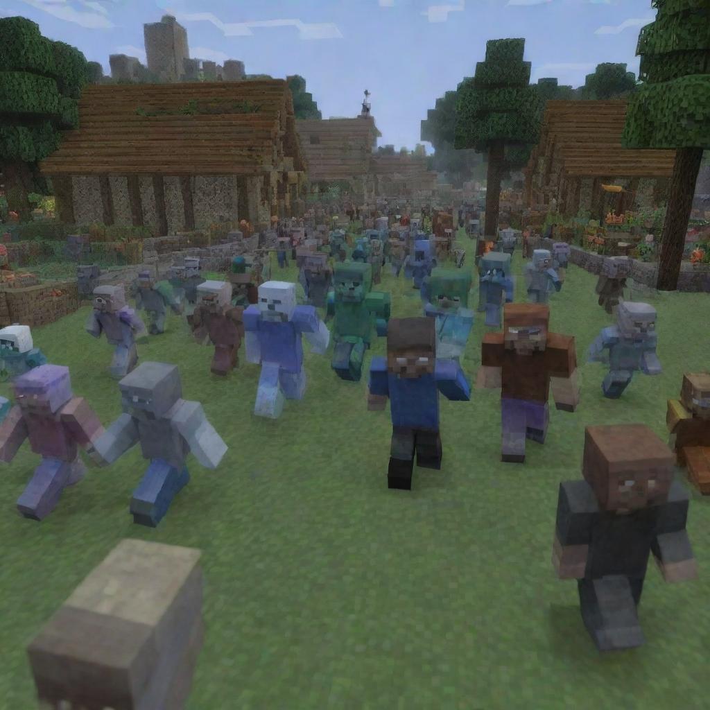 Inject a sudden twist into the serene Minecraft village scene: an ominous horde of zombies is now seen advancing towards the village, casting a chilling shadow over the celebratory moment.