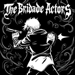 A striking black and white cartoon style album cover for a black metal band depicting a dramatic scene where one character is shooting another in the back