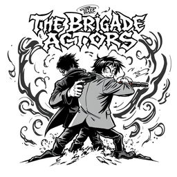 A striking black and white cartoon style album cover for a black metal band depicting a dramatic scene where one character is shooting another in the back