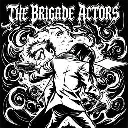 A striking black and white cartoon style album cover for a black metal band depicting a dramatic scene where one character is shooting another in the back