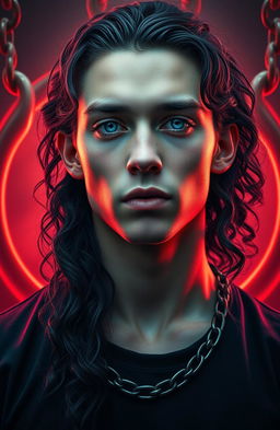 A young man with long navy blue curly locks, pale skin, and striking azure blue eyes stands prominently in the foreground