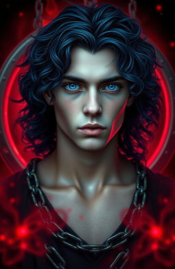 A young man with long navy blue curly locks, pale skin, and striking azure blue eyes stands prominently in the foreground