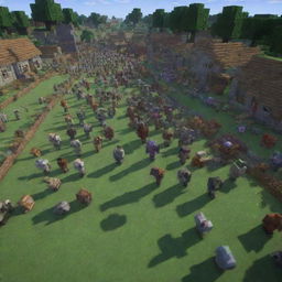 Inject a sudden twist into the serene Minecraft village scene: an ominous horde of zombies is now seen advancing towards the village, casting a chilling shadow over the celebratory moment.