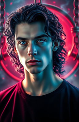 A young man with long navy blue curly locks, pale skin, and striking azure blue eyes stands prominently in the foreground