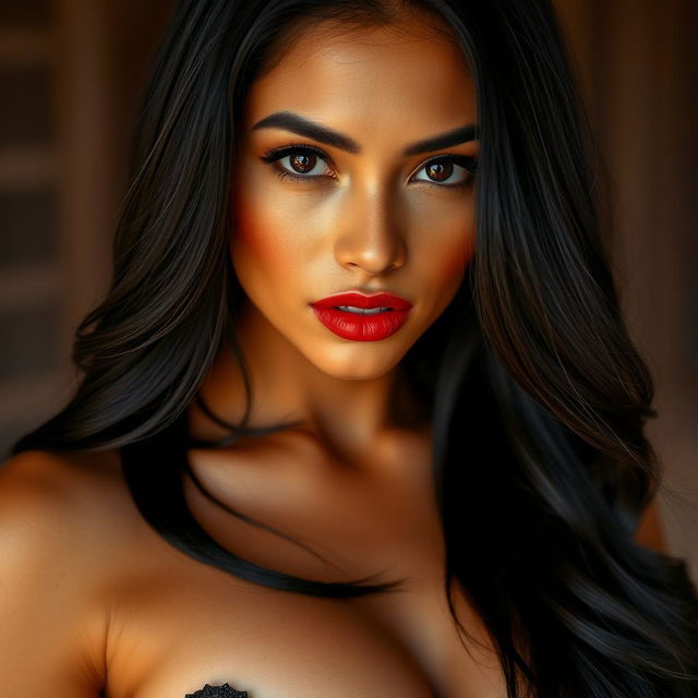 An exotic and captivating Thai woman showcasing her beauty with large, alluring breasts and golden-brown skin, reflecting a tropical vibe