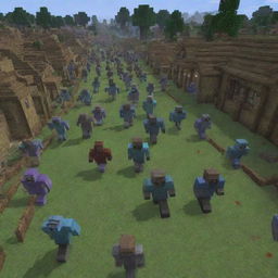 Inject a sudden twist into the serene Minecraft village scene: an ominous horde of zombies is now seen advancing towards the village, casting a chilling shadow over the celebratory moment.