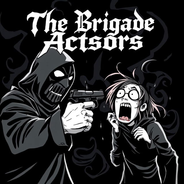 A striking black and white cartoon style album cover for a black metal band depicting a tense scene where a masked figure is aiming a gun at a terrified individual