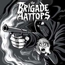 A striking black and white cartoon style album cover for a black metal band depicting a tense scene where a masked figure is aiming a gun at a terrified individual