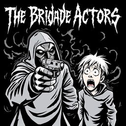 A striking black and white cartoon style album cover for a black metal band depicting a tense scene where a masked figure is aiming a gun at a terrified individual