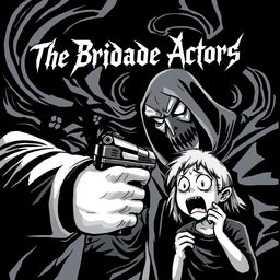 A striking black and white cartoon style album cover for a black metal band depicting a tense scene where a masked figure is aiming a gun at a terrified individual