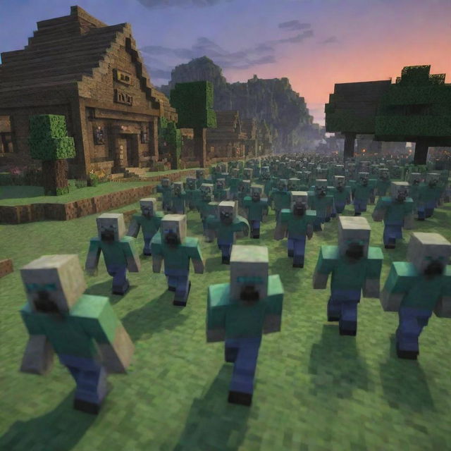 Inject a sudden twist into the serene Minecraft village scene: an ominous horde of zombies is now seen advancing towards the village, casting a chilling shadow over the celebratory moment.