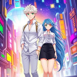 A book cover for a futuristic slice of life romance novel featuring a tall young adult male with short white hair and bright green eyes