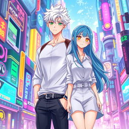 A book cover for a futuristic slice of life romance novel featuring a tall young adult male with short white hair and bright green eyes