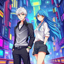 A book cover for a futuristic slice of life romance novel featuring a tall young adult male with short white hair and bright green eyes