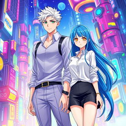 A book cover for a futuristic slice of life romance novel featuring a tall young adult male with short white hair and bright green eyes