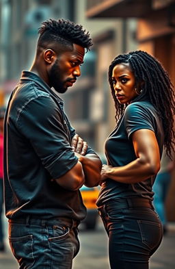 A dramatic scene featuring an angry Black man and woman facing away from each other, their body language tense and frustrated