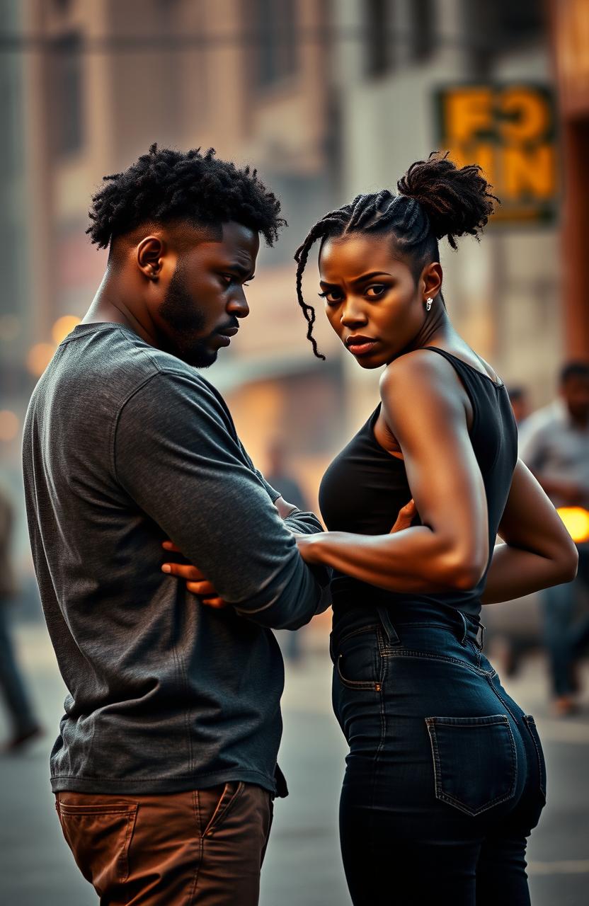 A dramatic scene featuring an angry Black man and woman facing away from each other, their body language tense and frustrated