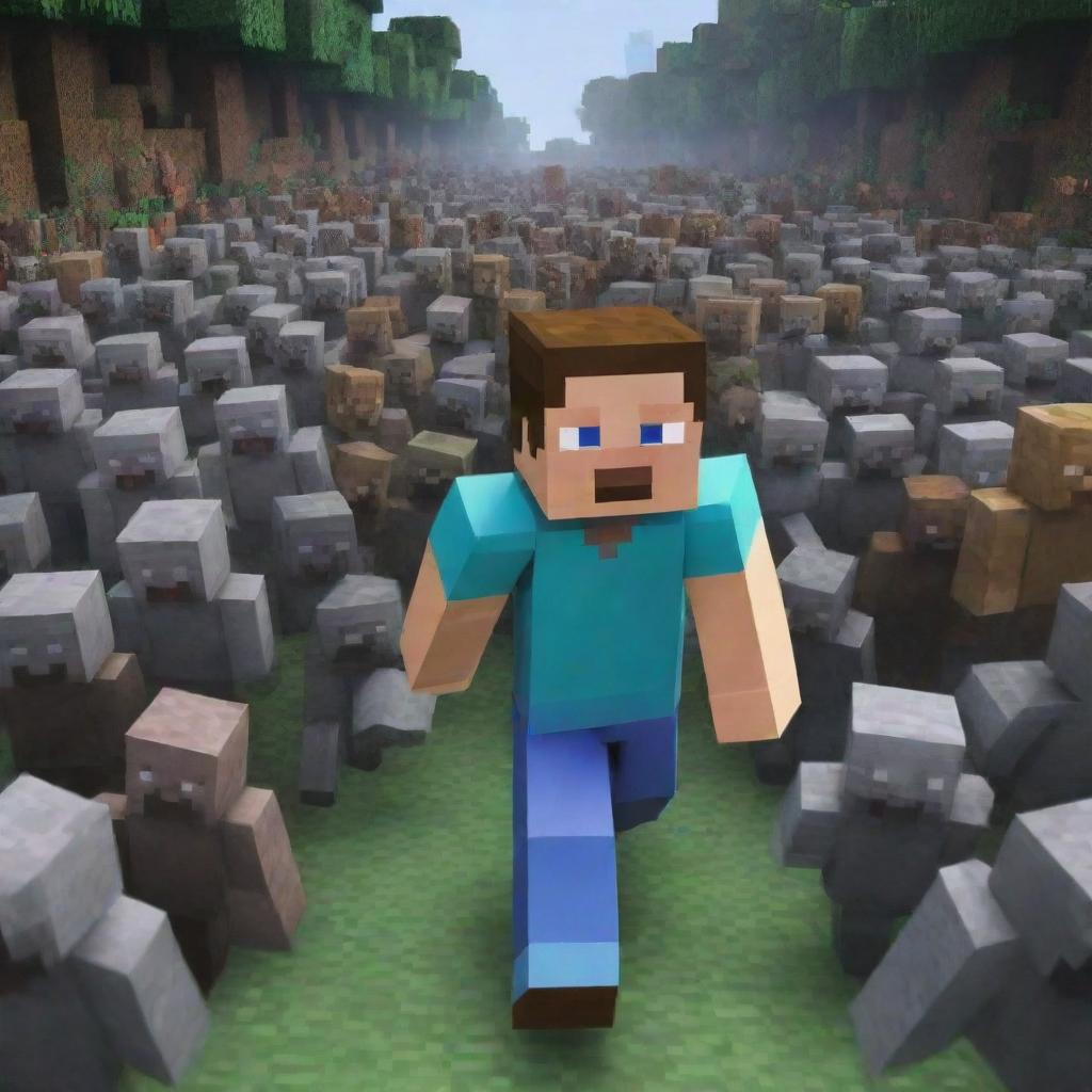 Enhance the Minecraft scene to depict Steve standing alone, facing down the approaching horde of zombies, his courage unwavering even amidst the impending danger.