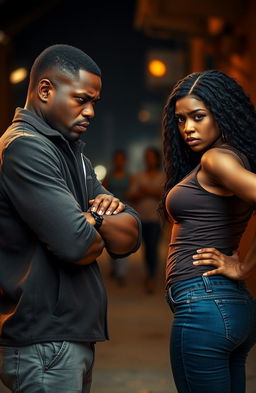 A dramatic scene featuring an angry Black man and woman facing away from each other, their body language tense and frustrated