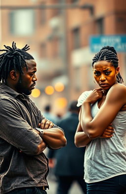 A dramatic scene featuring an angry Black man and woman facing away from each other, their body language tense and frustrated
