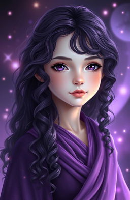 A beautiful girl with long, waist-length curly dark purple hair
