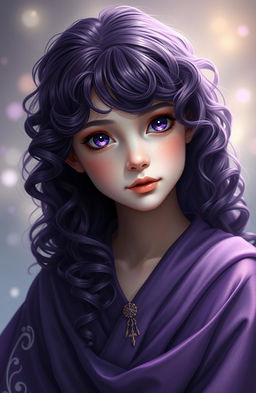 A beautiful girl with long, waist-length curly dark purple hair