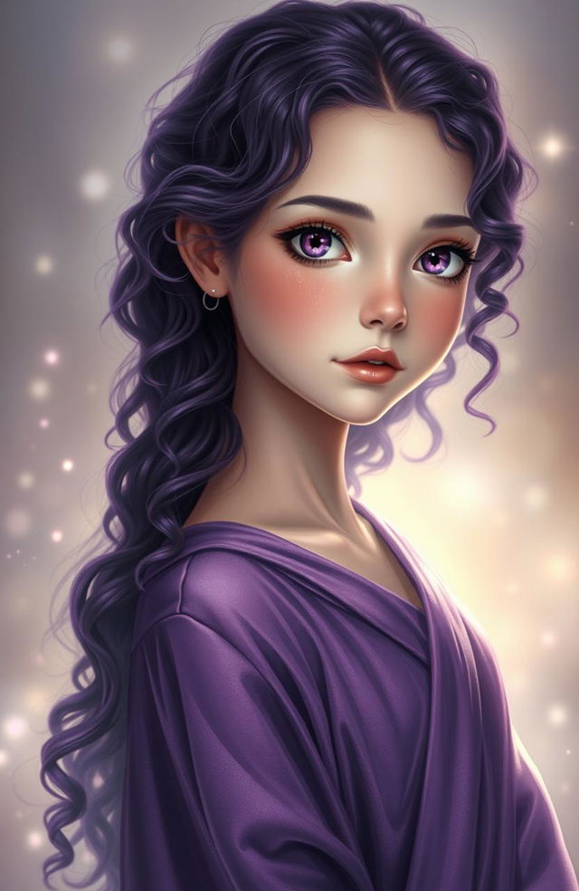 A beautiful girl with long, waist-length curly dark purple hair