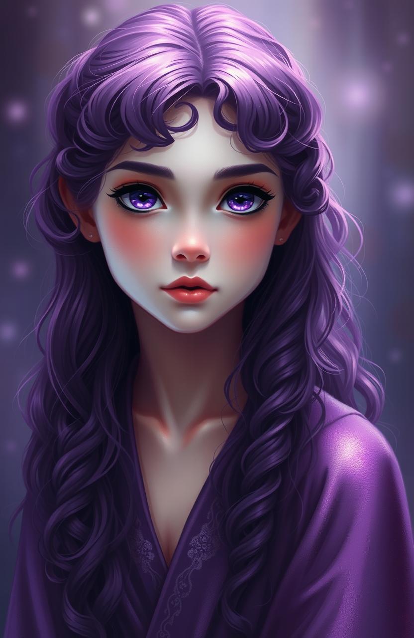 A beautiful girl with long, waist-length curly dark purple hair