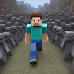 Enhance the Minecraft scene to depict Steve standing alone, facing down the approaching horde of zombies, his courage unwavering even amidst the impending danger.