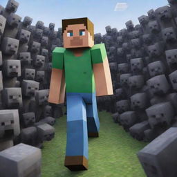 Enhance the Minecraft scene to depict Steve standing alone, facing down the approaching horde of zombies, his courage unwavering even amidst the impending danger.