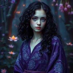 A young lady with long waist-length dark purple curly hair, pale skin, and mesmerizing dark amethyst eyes