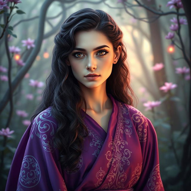 A young lady with long waist-length dark purple curly hair, pale skin, and mesmerizing dark amethyst eyes