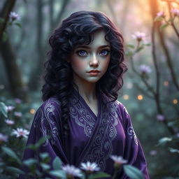 A young lady with long waist-length dark purple curly hair, pale skin, and mesmerizing dark amethyst eyes