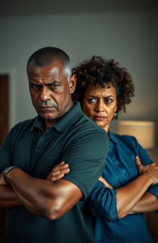 A portrayal of a middle-aged black man and woman, both expressing anger and frustration towards themselves