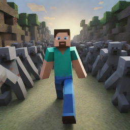 Enhance the Minecraft scene to depict Steve standing alone, facing down the approaching horde of zombies, his courage unwavering even amidst the impending danger.