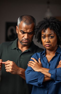 A portrayal of a middle-aged black man and woman, both expressing anger and frustration towards themselves