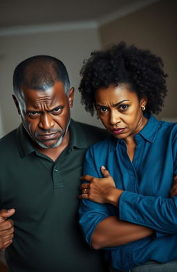 A portrayal of a middle-aged black man and woman, both expressing anger and frustration towards themselves