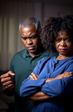 A portrayal of a middle-aged black man and woman, both expressing anger and frustration towards themselves