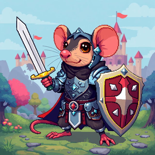 A pixel art style knight rat, detailed with vibrant colors and intricate armor