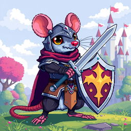 A pixel art style knight rat, detailed with vibrant colors and intricate armor
