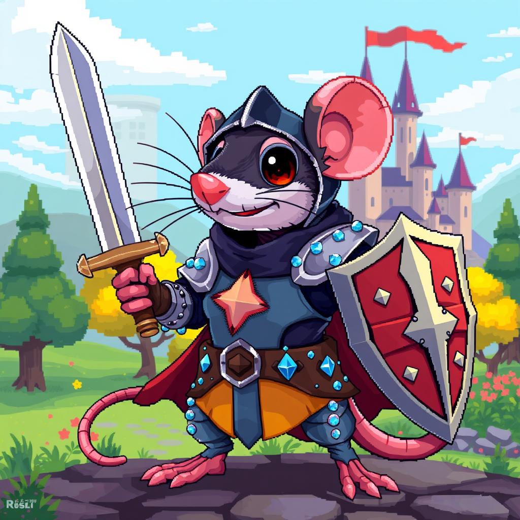 A pixel art style knight rat, detailed with vibrant colors and intricate armor