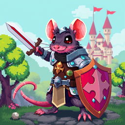 A pixel art style knight rat, detailed with vibrant colors and intricate armor