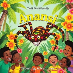 A vibrant Caribbean children's book cover featuring Anansi the spider, depicted with a mischievous smile and colorful patterns on his body