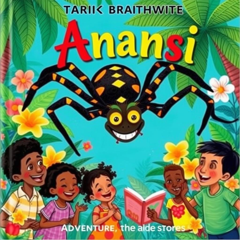 A vibrant Caribbean children's book cover featuring Anansi the spider, depicted with a mischievous smile and colorful patterns on his body