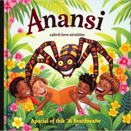 A vibrant Caribbean children's book cover featuring Anansi the spider, depicted with a mischievous smile and colorful patterns on his body