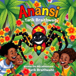 A vibrant Caribbean children's book cover featuring Anansi the spider, depicted with a mischievous smile and colorful patterns on his body