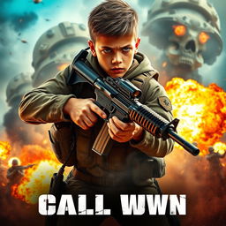 An exciting action movie poster featuring a young soldier, clad in tactical military gear, wielding a rifle