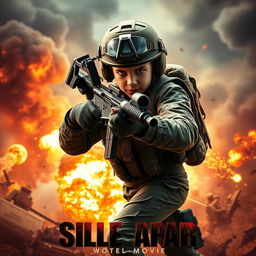 An exciting action movie poster featuring a young soldier, clad in tactical military gear, wielding a rifle