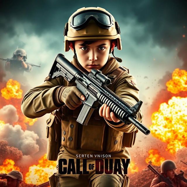 An exciting action movie poster featuring a young soldier, clad in tactical military gear, wielding a rifle