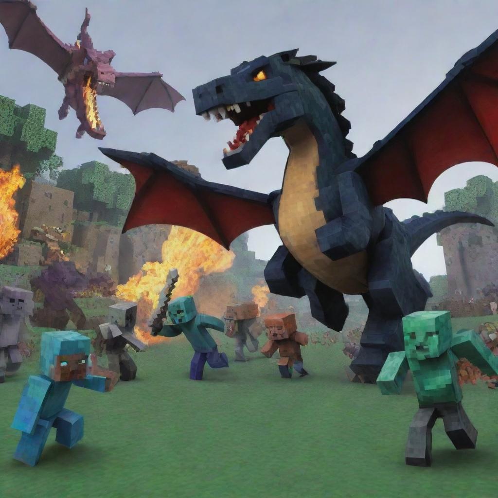 Transform the Minecraft battle scene: The summoned dragons unleash their fury on the zombie horde, causing mass destruction. Depict the remnants of the zombie forces scattering and fleeing in disarray.